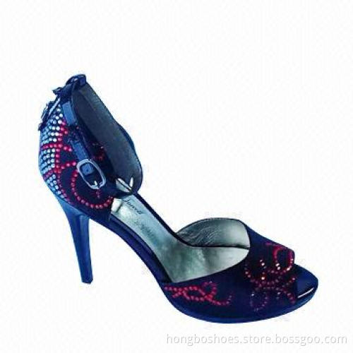 Colored diamonds decorated vamp for ladies' comfortable heeled shoe with open toe/low quarter design